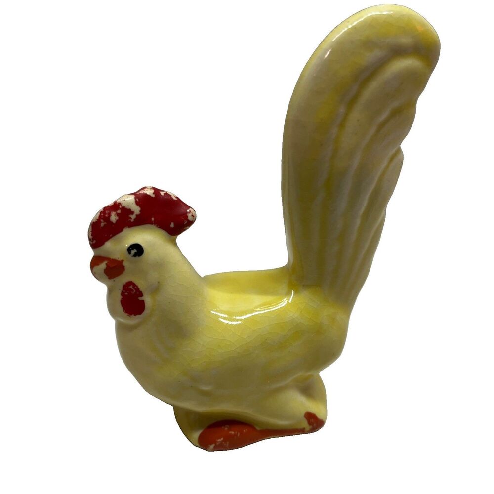 Vintage Small Yellow Tall Tail Pottery Chicken Figurine.